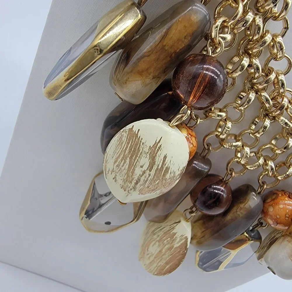 Bohemian Boho Statement Necklace Glass Multicolored Bead Gold toned  18” Braided